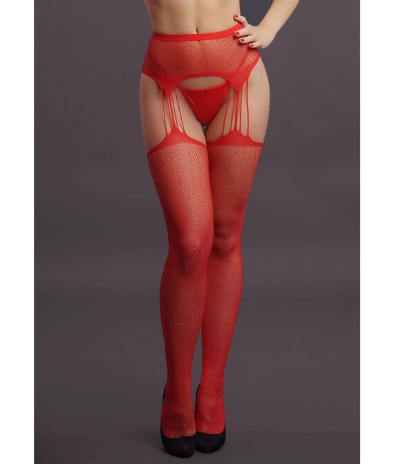 Le Désir – Suspender Rhinestone Pantyhose Red OS