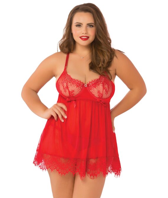Seven’til Midnight Seven‘til Midnight High Bed of Roses Babydoll Sæt Plus Size   – Rød – 3XL/4XL