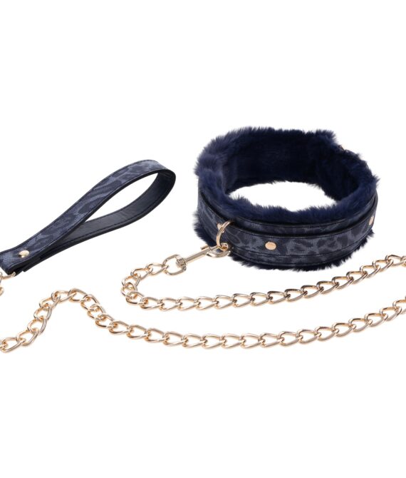 Sportsheets Cougar Halsbånd med Pels og Snor    – Blå